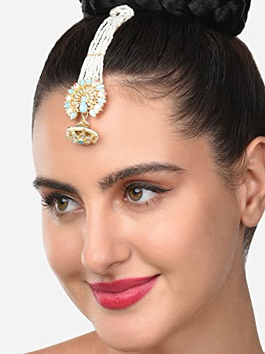 Peacock Inspired Meenakari Kundan Multistrand Pearl Borla Maangtikka