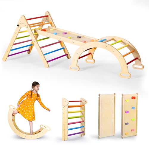 Rinnebbit Pikler Triangle Set, Large 5 in 1 Foldable Wooden Rainbow Montessori Climbing Set with Climbing Wall, Ramp, Arch, Rocker, Indoor Outdoor Playground Toys for Kids 2-12 Years (Rainbow)