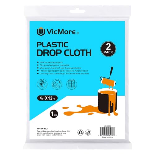 VICMORE Clear Plastic Drop Cloths for Painting, 4 x 12 Ft, 1 Mil, 2 Pack