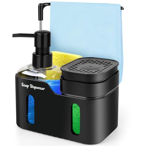 Richenda 4-in-1 Soap Dispenser with Dishcloth Hanger & Sponge Holder Kitchen Sink Soap Pump Organizer for Dishwashing Refillable Liquid Soap Dispenser for Countertop Storage (Black)