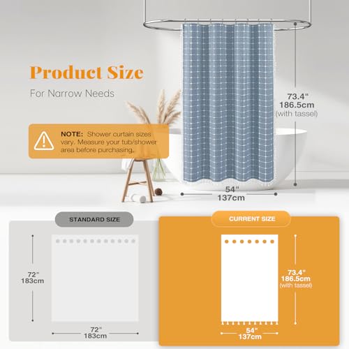 Image of BTTN Blue Boho Farmhouse Linen Thick Water Repellent Shower Curtain, 54x72 | Stall Size, Heavy Duty Fabric, 10 Plastic Hooks, Three-sided Tassels, Bohemian French Country, Machine Washable, Wrinkle Free
