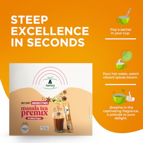 Image of APSARA Instant Tea Premix Unsweetened Masala Tea 36 Sachets|Ready To Drink Tea With No Added Sugar|Enriched with Ginger, Cardamom, Pepper and Indain Spices, Sugar Free Masala Chai, 432 gram