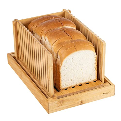 Vencier Foldable Bamboo Bread Slicer Homemade Bread Bakery Loaves Cakes & Bagels Cutting Knife Guide
