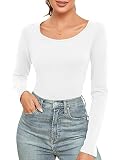 Langarmshirt Damen U-Ausschnitt Oberteile Longshirt Lässig Longtops Basic Einfarbig Oberteil Slim Fit Tops Fashion Langarm T-Shirt Top für Frauen Weiß XXL