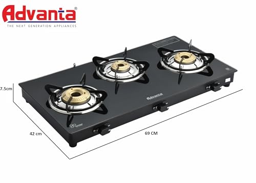 Image of Advanta 3 Burner Glass Top Gas Stove, ISI Certified, 69 x 42 cm, Black, Brass Burners