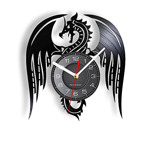 Timethink 12 Inch Dragon Wall Clock, Silent Quartz Non Ticking Battery Operated Vintage Decorative Analog Black Vinyl Record Wall Clock for Bedroom Living Room Office Man Cave Decor