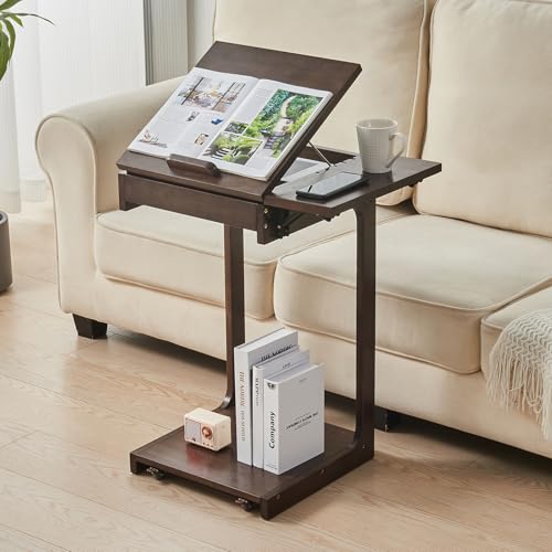 Image of Uniclinens C Shaped End Table for Couch, Rolling Side Table with Wheels Adjustable, Solid Wood TV Sofa Arm Eating Tray Table for Multi-Purpose, Small Coffee Table Living Room Bedroom, Walnut