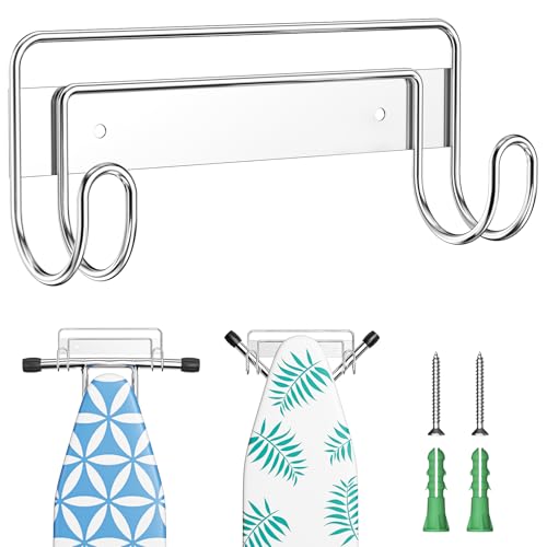Ironing Board Hanger Wall Mount, Ironing Board Holder for T or Y Leg, Stainless Steel Iron Board Hanger, Laundry Room Wall Hook for Iron Board Holder (Silver)