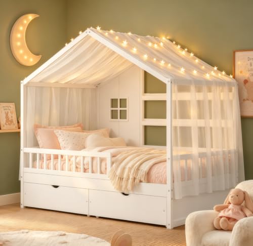 Image of Bellemave Full House BedFrame with Canopy and Storage Drawers, Montessori Bed, House Bed with Rails for Kids, White