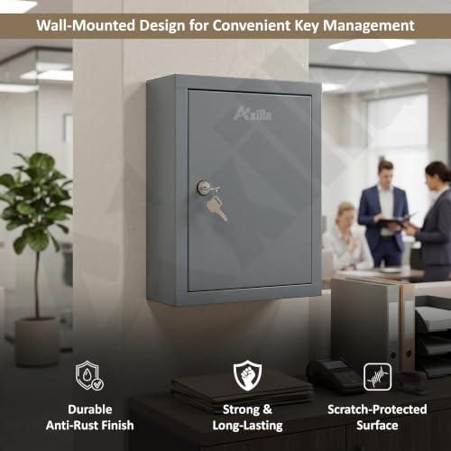 Image of Key Holder Box with 28 Hooks | GI Steel Lockable Key Cabinet for Wall Mount | Key Storage Box with Lock & Key for Home, Office, Hotel, Shop & School (Grey)