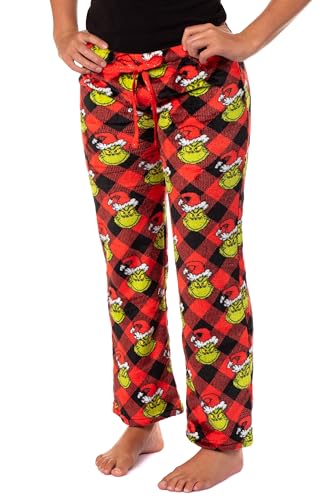 Grinch Pajama Pants Dr Seuss Womans Grinch Holiday Plush Fleece Pants Junior Pajama Pants Adjustable Waistband (Medium)