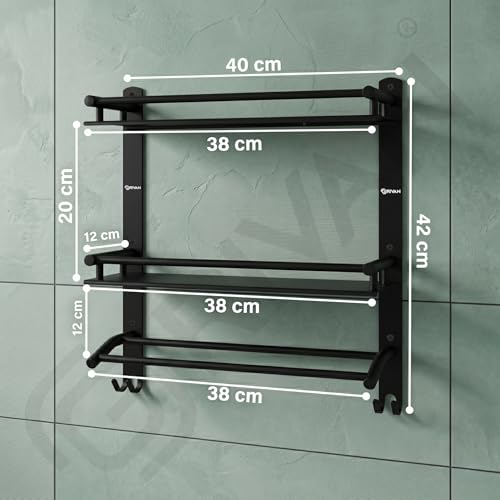 Image of GRIVAN Stainless Steel 3-Tier Bathroom Shelf Rack Stand with Dual Towel Rod | Multipurpose Bathroom Accessories Set (Black Matte)