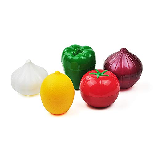 5Pcs Onion Pepper Lemon Tomato Shaped Plastic Refrigerator Box Vegetable Storage Containers，Used for Garlic Lemon Onion Green Pepper and Tomato Keeper Saver Sealing Storage Box
