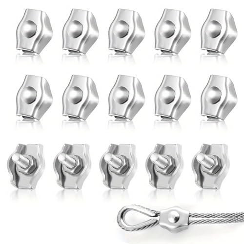 QIBZI Abrazaderas de cuerda de cable, abrazadera de cable de acero inoxidable, abrazadera de cable de acero inoxidable, portabrocas de cable M2 plateado (15 piezas)