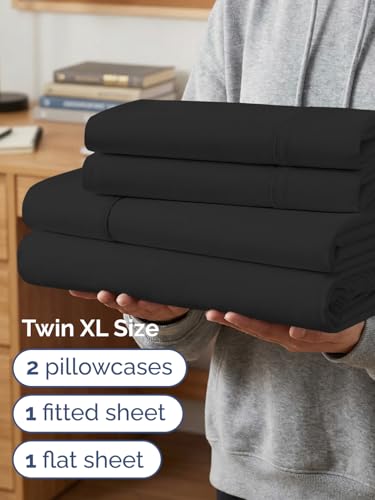 Image of Extra Deep Twin XL Sheet Set - 4 Piece Breathable & Cooling Sheets - Black | Hotel Luxury Bed Sheets Set, Easy & Secure Fit, Ultra-Soft, Wrinkle & Fade Free, Comfy Sheets Set with Extra Deep Pockets