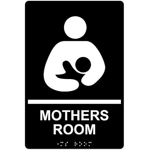 ComplianceSigns.com Mothers Room Sign, ADA-Compliant Braille and Raised Letters, 9x6 inch White on Black Acrylic with Adhesive Mounting Strips Cover