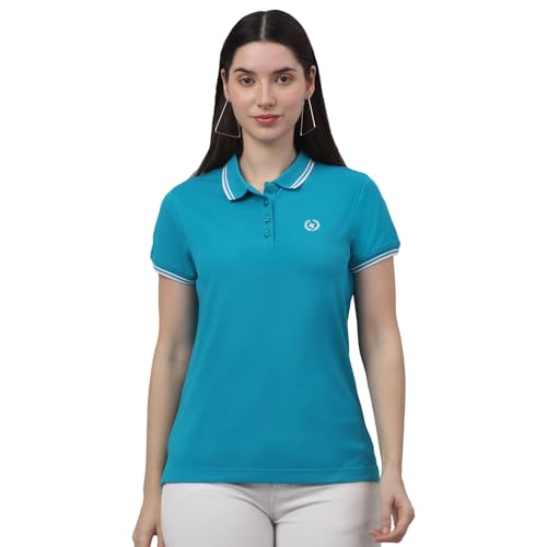 Image of Cantabil Women's Cotton Blend Solid Polo Neck T-Shirt (Regular Fit)