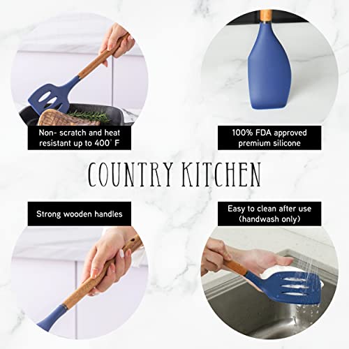 Country Kitchen Utensili da cucina in silicone, set di 8 utensili da cucina in legno, facili da pulire, utensili da cucina per pentole antiaderenti, utensili da cucina e set di spatole, blu navy - immagine 5