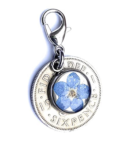 Cotswold Crafts By Emma Forget-Me-Not Bridal Charm - Handmade Blue Silver Sixpence Gift for Bride Garter or Bouquet Accessory - Locally Pressed Forget Me Not Flower for Bridal Showers and Weddings