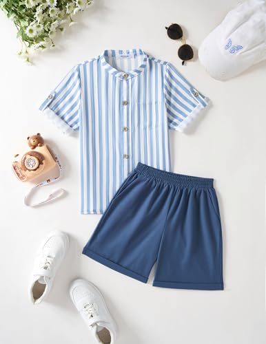 Arshiner Boys 2 Pieces Set Casual Short Sleeve Blue Stripe Shirt and Navy Shorts Summer Matching Outfits 7-8 Years