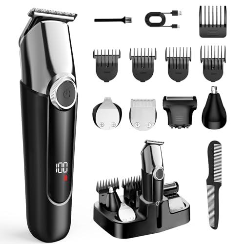 7d24hcare Beard Trimmer for Men - 5 in 1 Kit Electric Razor, Nose Hair Trimmer with LED Display, Cordless Mustache Body Face Grooming Kit, Waterproof Rechargeable Beard Shaver