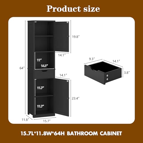 Walsunny Tall Bathroom Storage Cabinet with Freestanding Adjustable Shelves, Narrow Storage Linen Cabinet with 2 Doors and 1 Drawers for Bathroom, Living Room, Kitchen, Black - Image 3