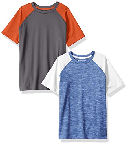 Amazon Essentials Kids Boys Active Performance Short-Sleeve T-Shirts, 2-Pack Grey/Blue Heather Colorblock, Small