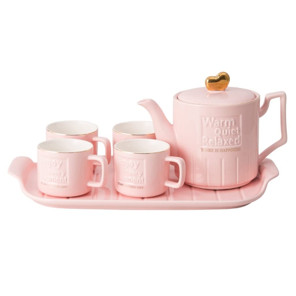 DANNMPX Tea Set 6 Pieces Nordic Style Tea Set Ceramic Drinking Ware Afternoon Cup Kettle With Tray Teacup Teapot And Cups(Pink)