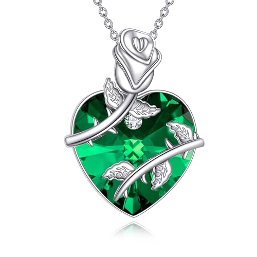 Birthstone Necklace 925 Sterling Silver Rose Flower Heart Pendant Necklace Birthstone Jewelry with Crystal Gifts for Women Wife Mom