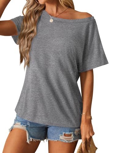 Image of Hilinker Womens Sexy Off The Shoulder Tops Short Batwing Sleeve T Shirt Oversized Casual Tee