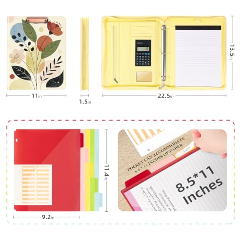 Image of Ospelelf Vintage Leather Portfolio Binder 3 Ring, Zippered Clipboard Folder with Storage - 5 Dividers with Pocket, Padfolio for Women,12.1 inch Tablet Sleeve, Refillable Notepad, Card Slot
