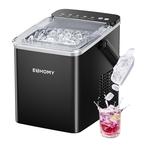 EUHOMY Machine à glaçons avec poignée, 26.5 lbs/24H Machine à glace portable avec scoop à glace & Panier, fabrication de glace rapide de 6 à 10 minutes, 2 Taille de glace, Idéal pour la maison, Cuisine, RV, Parti