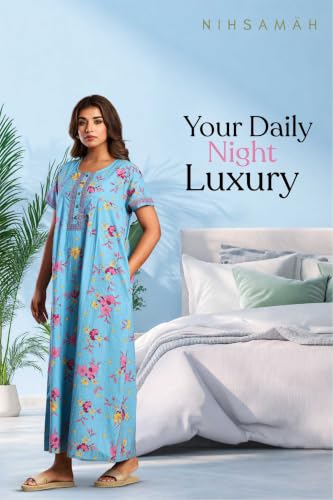 Image of NIHSAMAH Cotton Nighty for Women with Pocket, Premium Printed Long Nighty | Comfortable & Fancy Sleepwear /Nightwear