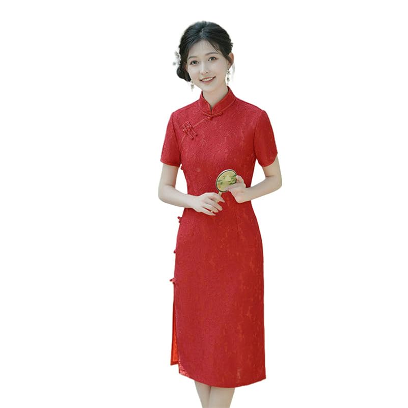 Robe mi-longue en dentelle brodée style chinois rétro chic pour femme