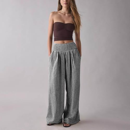 Women Plaid Pant Elastic High Elastic Waist Wide Leg Lounge Pant Loose Fit Summer Fall Classic Trousers with Pocket2