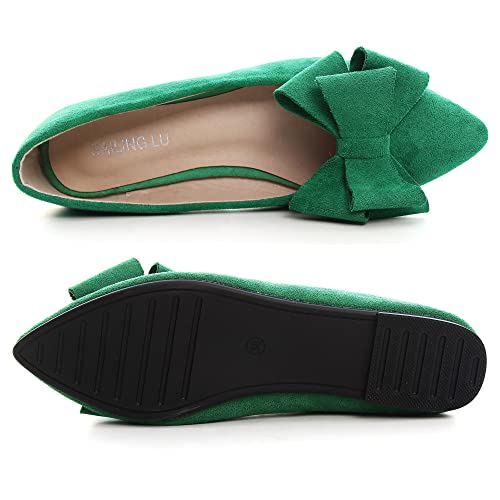 Sailing Lu Bow-Knot Ballet Flats Womens Pointy Toe Flat Shoes Suede Dress Shoes Wear To Work Slip On Moccasins Spring Green Size 10 #TOP6