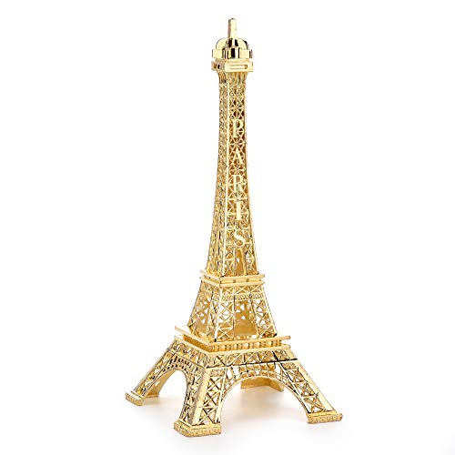 ESHATO 7 Inch Eiffel Tower Statue Decor Alloy Metal Collectible Figurine Replica Souvenir Room, French Eiffel Tower Party Decoration Table Stand Holder Gift for Cake Topper (Gold)