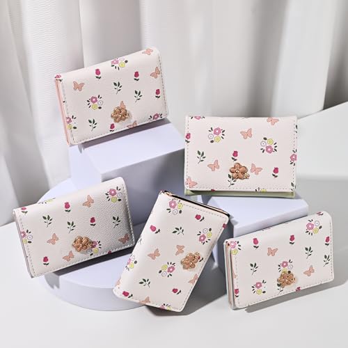 Small Wallets Woman, Cute Tri-fold Flower Wallet for Women, Floral Wallets Credit Card Coin Holder Purse with ID Window for Key Cash Change (Black) 6