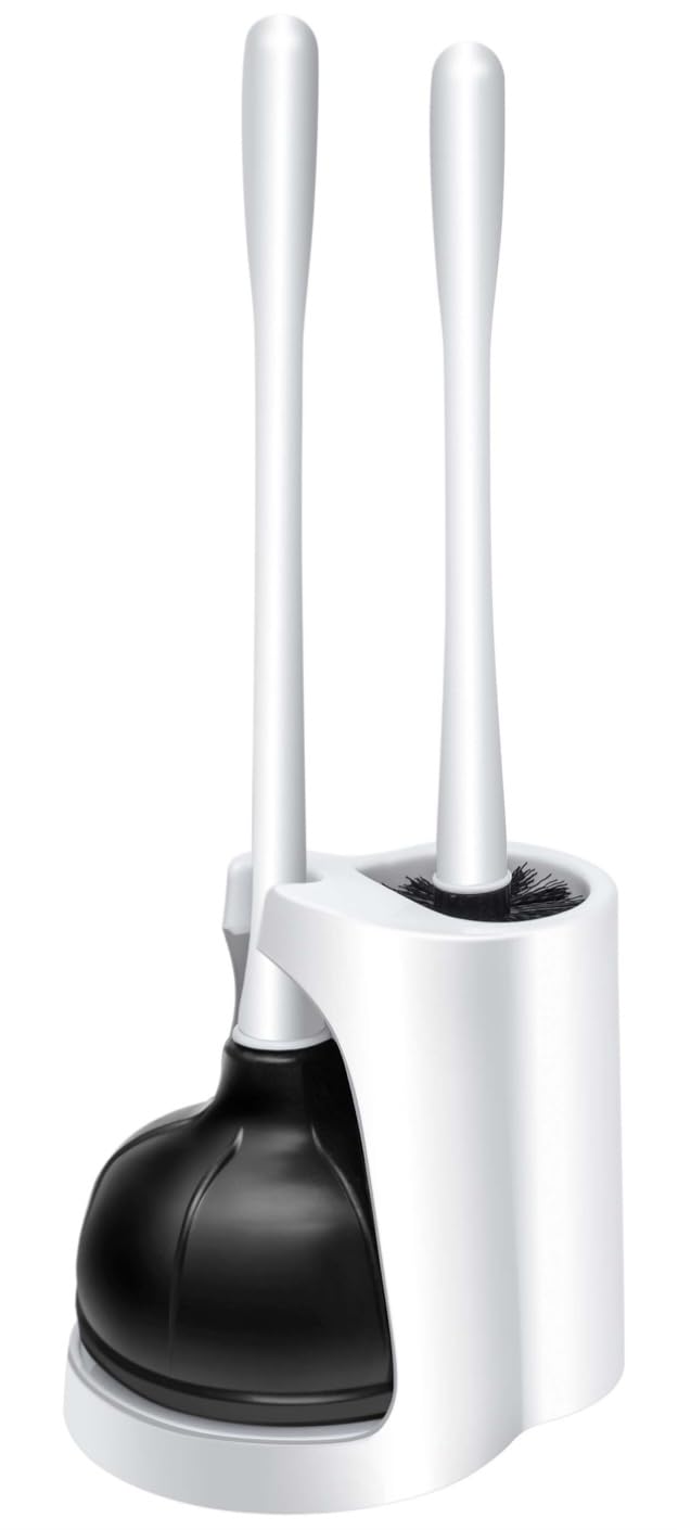 Klickpick Home Plastic Toilet Bowl Brush Cleaner and Plunger Combo Set Kit with Holder Caddy for Bathroom Storage Cleaning and Organization - Covered Lid Brush - White