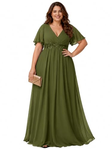 Image of Ever-Pretty Plus Women's Chiffon Plus Size Formal Mother of Bride Dresses | V-Neck, Short Sleeve, Applique, A-Line, Empire Waist, Plus Size Formal Wedding Guest Evening Dresses