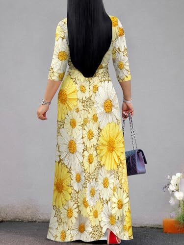 Image of Plus Size Dresses for Women Floral Print Maxi Dress Flowy 3 /4 Sleeve with Belt