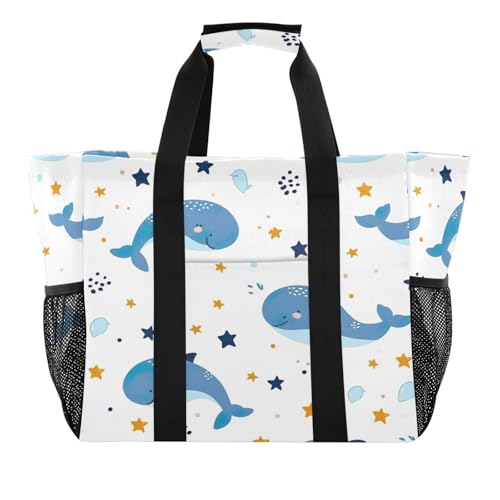 Nander Stars and Cute Dolphins Foldable Tote Bag Waterproof Sandproof Women Beach Bag Handbag Gym Bag Travel Shopping Bag