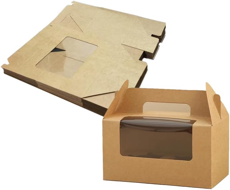 JIYIXhylera 100Pcs 16.5×9.5×9cm/6.49×3.74×3.54 inch Kraft Paper Cupcake Packing Box Christmas Gift Box with Clear Window 2 Cavity Muffin Cupcake Wedding Party Birthday Favors (100Pcs Kraft)
