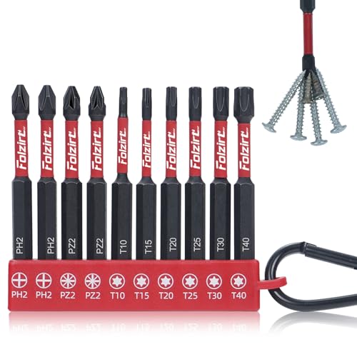 Folzirt 70mm lange magnetische PH2/PZ2/Torx S2-Stahl Bitsatz für Akkuschrauber 10 Stück Impact Schraubendreher Bits Set 1/4 Sechskantschaft Phosphid Schwarz Schlagschrauber Zubehör