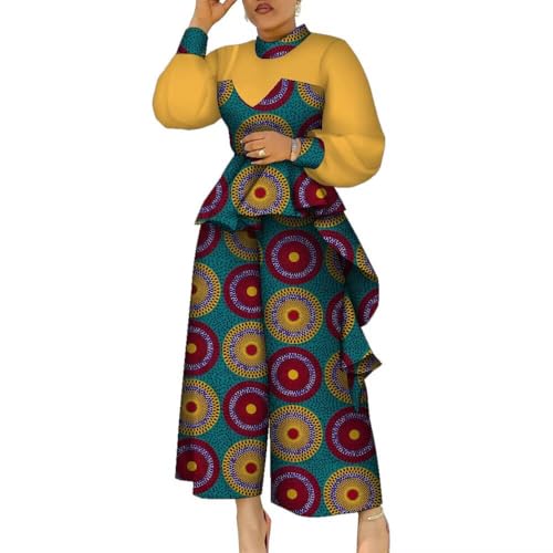 BAZINRICHE Women's African 2 Pieces Long Sleeve Top and Wide Leg Pants Set Print Round Neck Blouses Suit