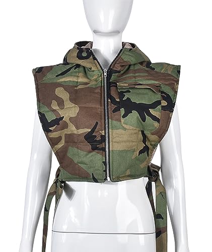 xxxiticat Women's Denim Puffer Vest Top Sleeveless Hooded Camo Print Side Lace Up Hollow Out Quilted Waistcoat Jacket3