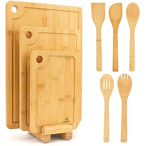 JOSKEL Wooden Chopping Board Sets of 3 With Stand, include 5 piece Utensils-Organic Pre-Oiled Bamboo Cutting Boards Butchers Block with Juice Groove for Bread, Serving, Meat, Cheese, Fruit, vegetables Cover