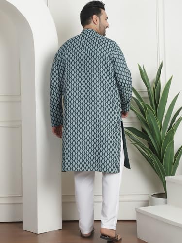 Image of SOJANYA Plus (Since 1958) Men's Cotton Blend Printed Kurta with White Churidar Pyjama