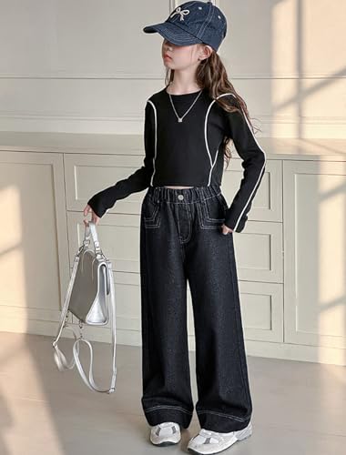 Wide Leg Jeans for Girls Baggy High Elastic Waisted Demin Straaight Casual Pants with Pockets Y2K Streetwear Trendy Trousers4