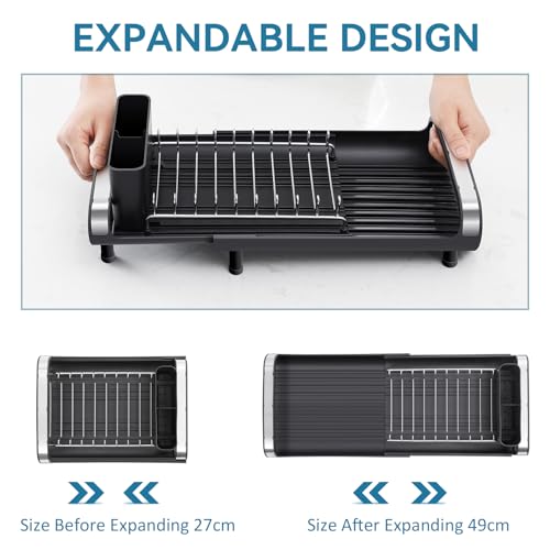Image of Small Dish Drying Rack, Mini Expandable Compact Dish Rack, Slim Extendable Stainless Steel Dish Drainer for Kitchen Plate Storage, Space Saving Dish Strainer in Sink or on Home Countertop, Black
